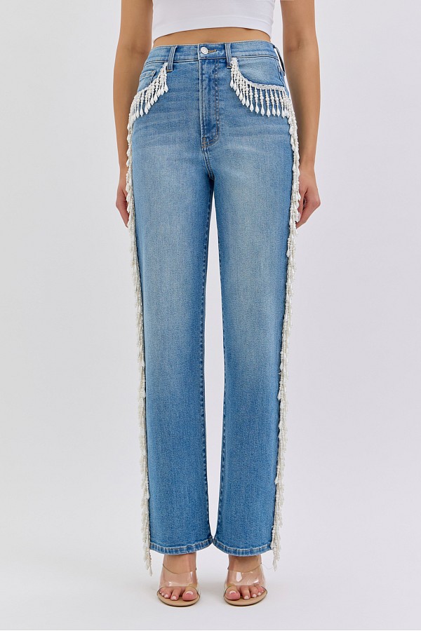 Super High Rise Dad Jean With Pearl Fringe Trim